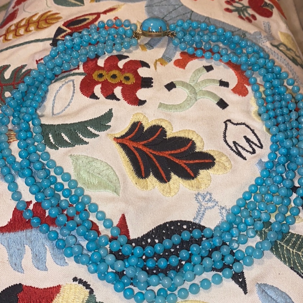 Vintage Turquoise Blue Multi-Strand Bead Necklace with Gold Clasp
